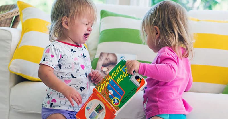 Two toddlers with book, at least one upset