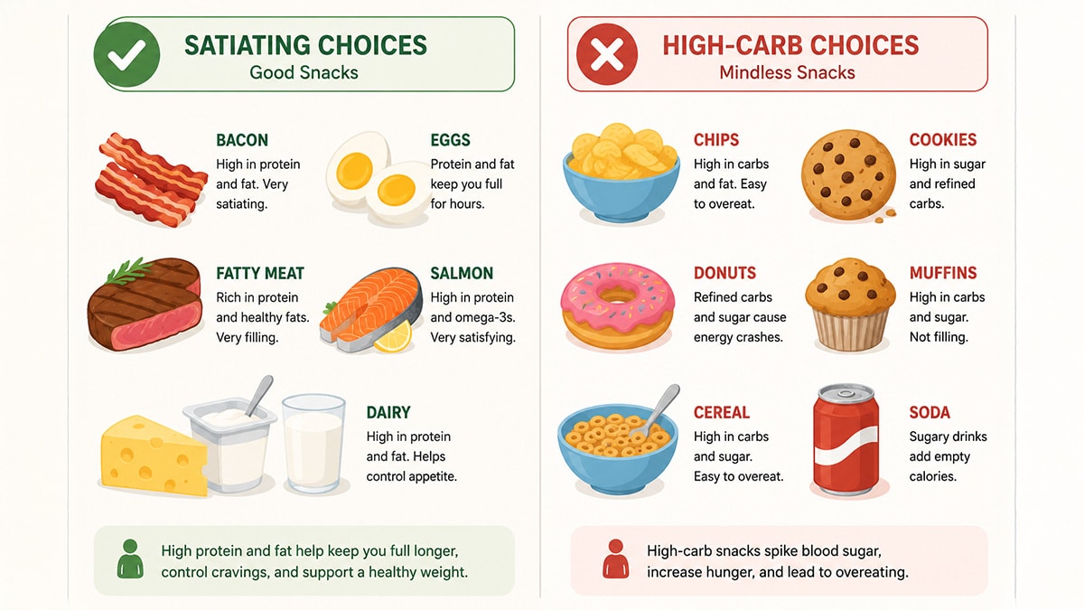 Satiating foods such as eggs, salmon, bacon, meat, and dairy beside high-carb snack foods linked to overeating during remote desk work.