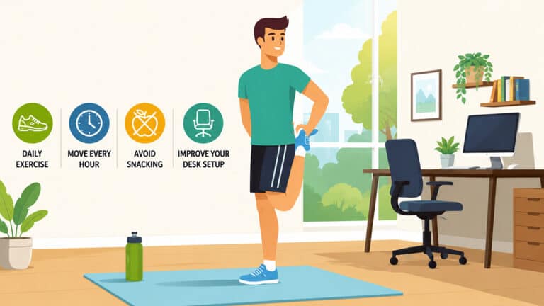 a man exercising beside a home office desk while promoting healthy habits for staying fit during remote desk work.