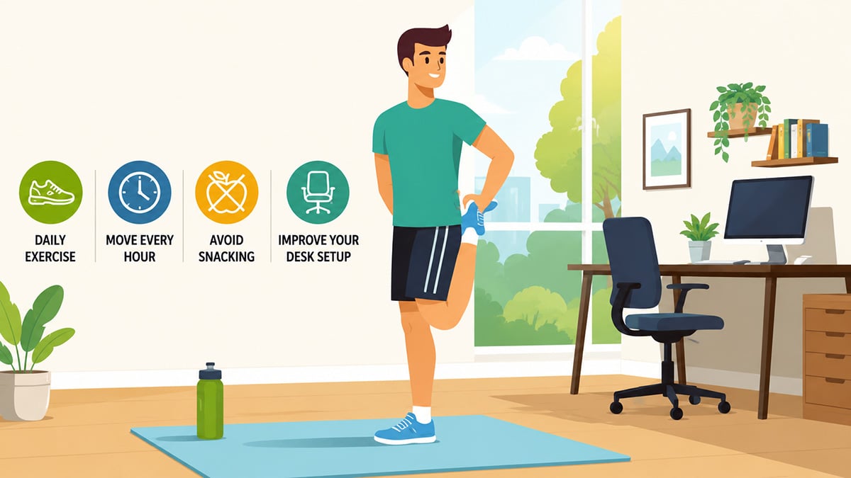 a man exercising beside a home office desk while promoting healthy habits for staying fit during remote desk work.